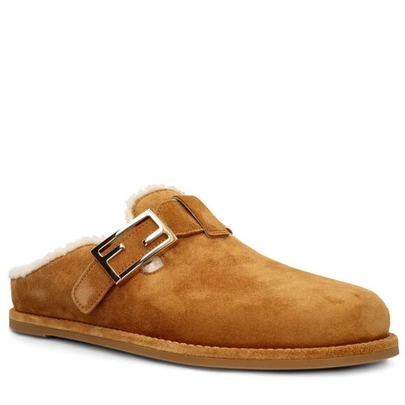 FENDI Feel FF Shearling  Buckled Sabots Mules Slides Flat Clog Sandals - Picture 2 of 16